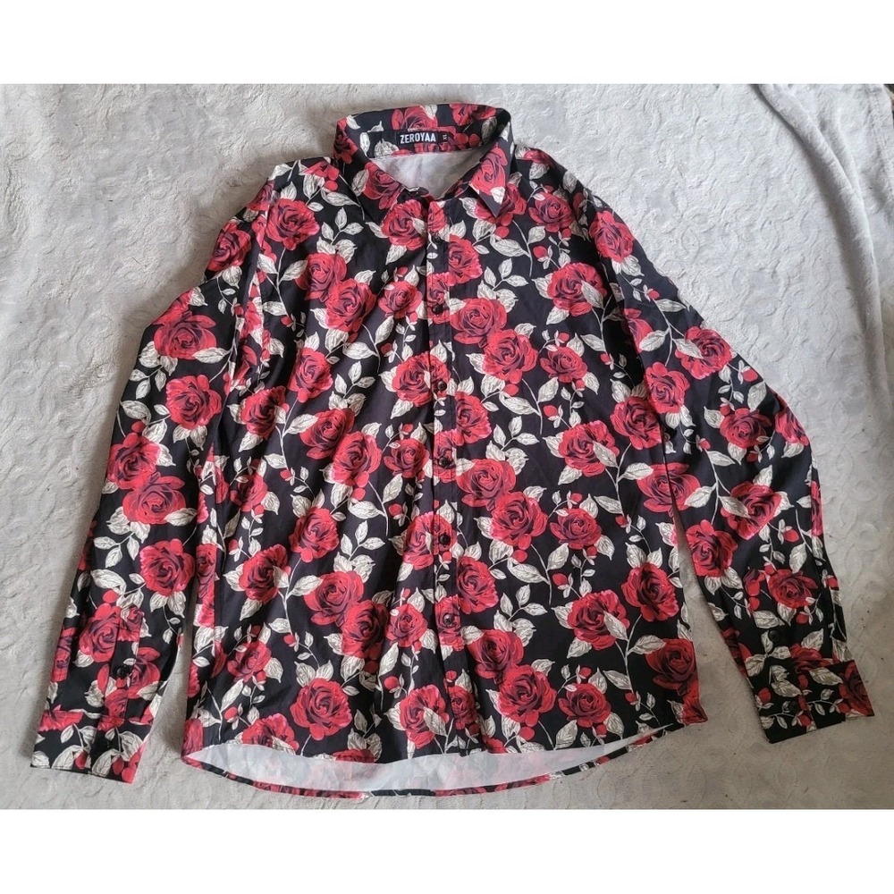 ZeroYaa Men's XL Black Red Rose Floral Button Up‎ Shirt Long Sleeve Stretch